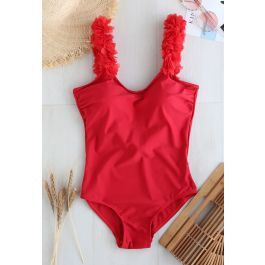 Solid Red 3D Floral Straps Scoop Back Swimsuit | Chicwish