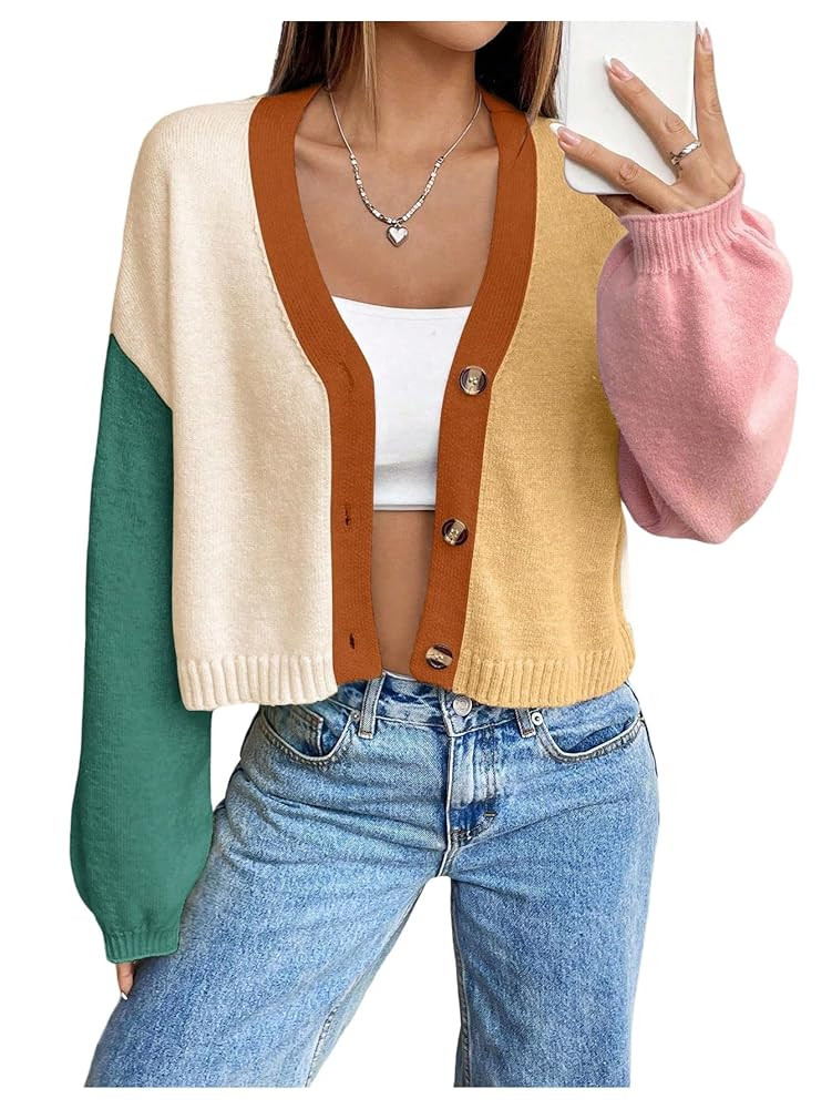Verdusa Women's Color Block Cropped Cardigan V Neck Sweater Coat 70s Sweaters Fall Cardigans | Amazon (US)