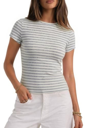 CHYRII Womens Lyocell Summer Tops Striped Casual Short Sleeve T Shirts | Amazon (US)