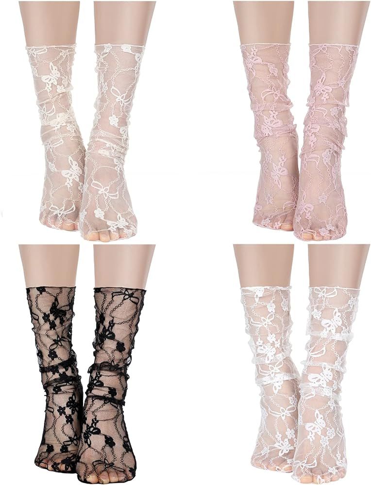 Bencailor 4 Pairs Women Sheer Slouch Socks Lace Socks Mesh Socks Novelty Decorated Socks Nylon Lo... | Amazon (US)
