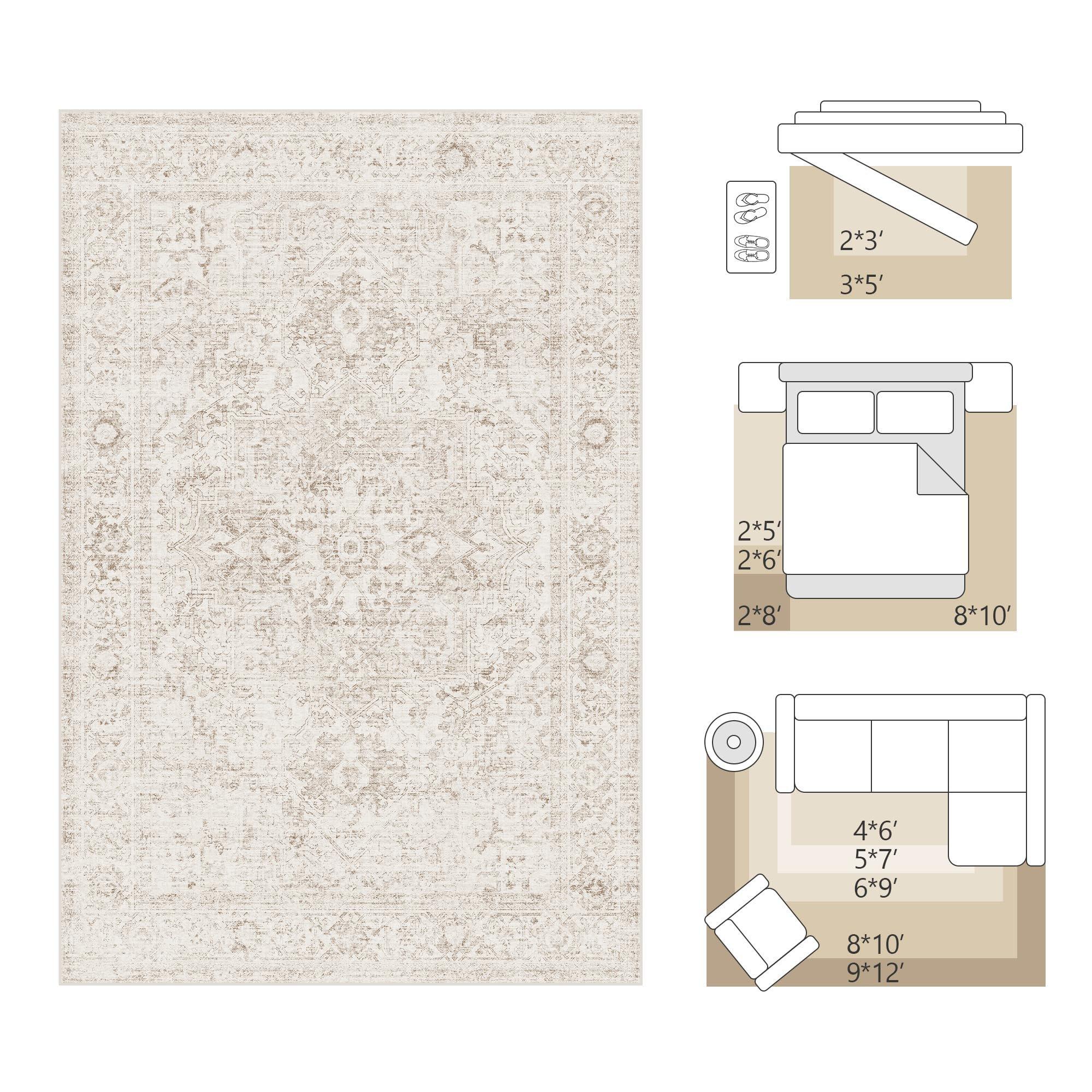 Amazon.com: Fmfunctex 8x10 Washable Area Rug Beige Vintage Neutral Distressed Oriental Large Non Slip Carpet for Living Room Bedroom Soft Low Pile Indoor Mat Retro Throw Rug for Dining Room Kitchen Office Nursery : Home & Kitchen | Amazon (US)