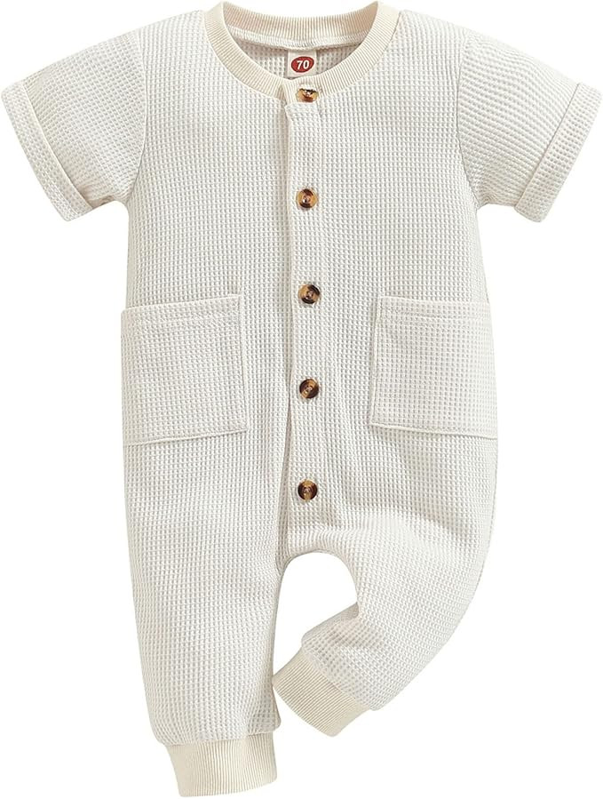 Mubineo Infant Baby Boy Girl Summer Fall Basic Plain Button Short Sleeve Romper Jumpsuit Clothes | Amazon (US)
