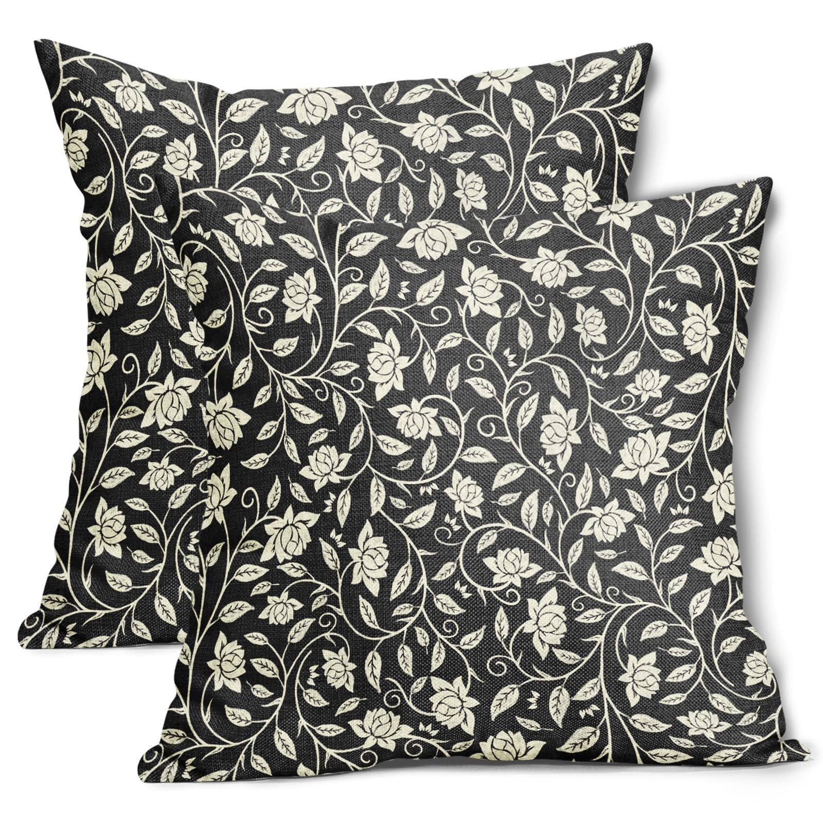 Vintage Black Beige Floral Pillow Covers 18x18 Inch Set of 2 Block Print Farmhouse Cotton Linen D... | Amazon (US)