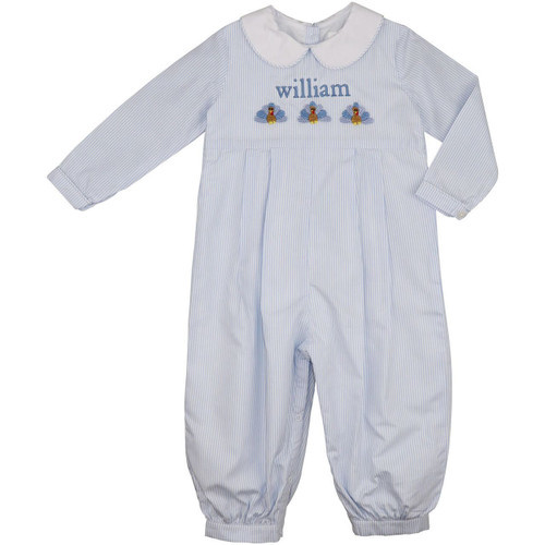 Blue Stripe Embroidered Turkeys Long Romper | Cecil and Lou