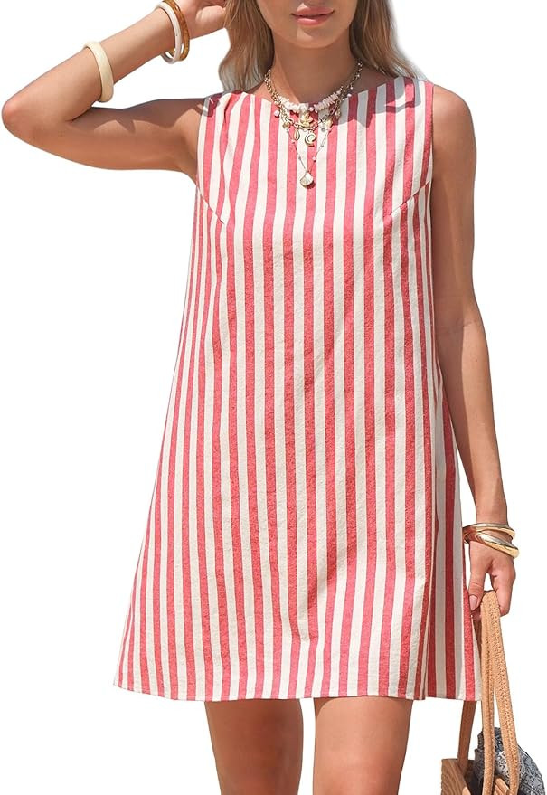 EXLURA Women Summer 100% Cotton Faux Linen Dresses Sleeveless Striped A-Line Mini Sundress Beach ... | Amazon (US)