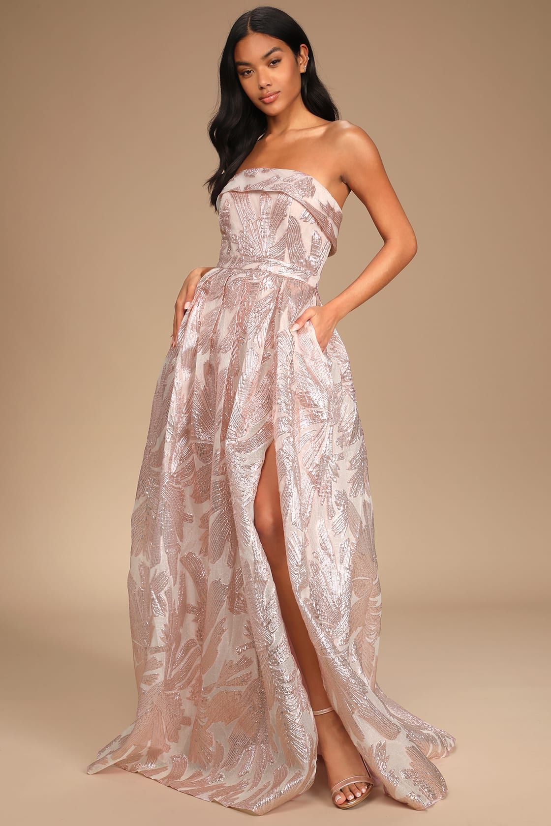 Dancing Dream Blush Jacquard Strapless Maxi Dress With Pockets | Lulus (US)