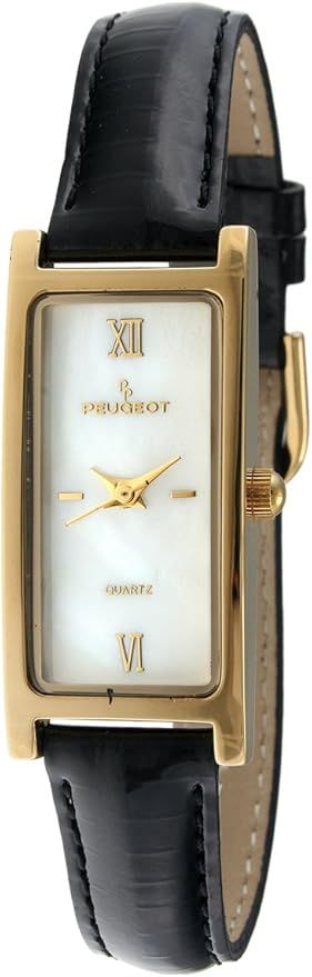 Peugeot Women's Slim 14K Gold Plated White Mother of Pearl Dial Black Leather Thin Strap Dress Wa... | Amazon (US)