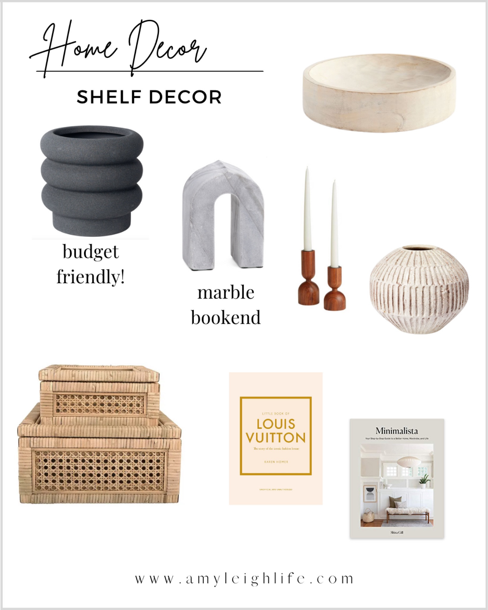 Home decor finds: shelf decor  

Black vase, Walmart vase, planter, terracotta vase, studio McGee decor, coffee table decor, coffee table books, stacking boxes, cane boxes, candle holders, bookend, traditional home, serving bowl, marble, woven boxes, entryway decor ideas