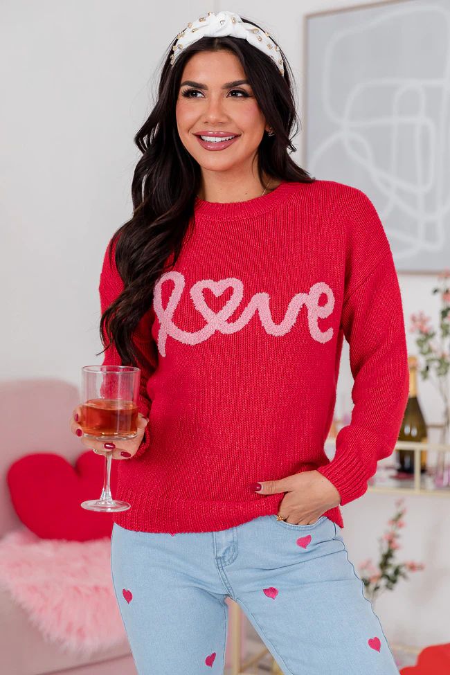 Running On Love Script Red Embroidered Sweater | Pink Lily