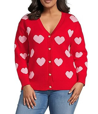 Sugarlips Plus Size Heart Print V-Neck Long Sleeve Heart Buttons Cardigan - 1X | Dillard's