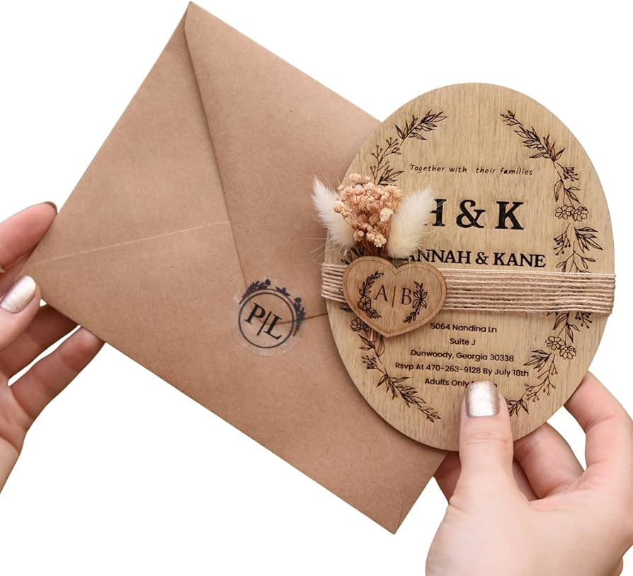 Floral & Wooden Wedding Invitation, Rustic Invitation with Hand Painted Wood 4" x 6" (10x15) cm, ... | Amazon (US)
