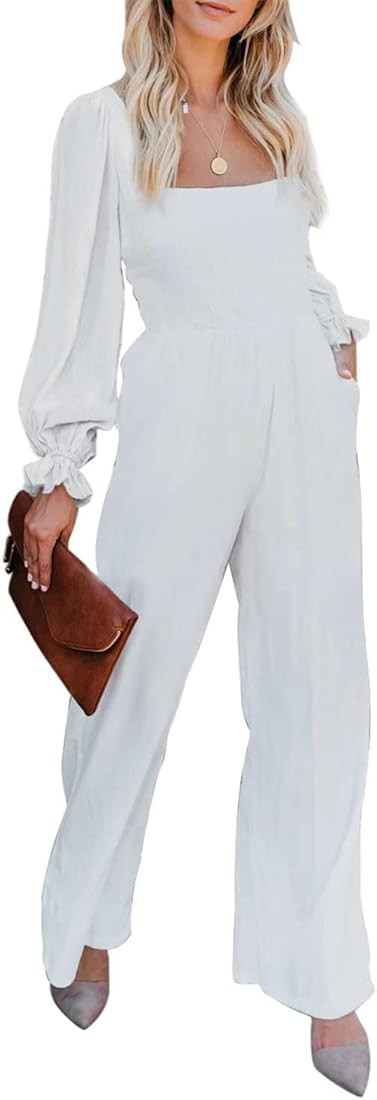 BLENCOT Womens Ruffle Spaghetti Straps High Waisted Long Wide Leg Jumpsuits Rompers S-XXL | Amazon (US)