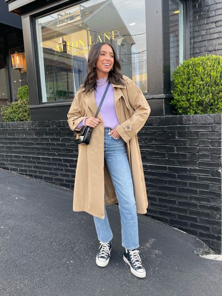 Spring transition outfit - most worn jeans and lilac sweater are both on SALE! Size 25 denim (runs large size down if between sizes), size Medium in sweater (sized up for oversized fit), Small in trench coat 

#LTKsalealert #LTKunder100 #LTKstyletip