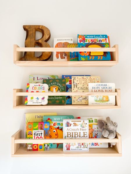 Baby/toddler wooden floating shelf book wall & baby/toddler popular books. 



#LTKkids #LTKbaby #LTKhome