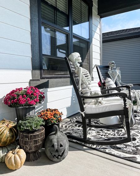 Fall and Halloween on my front porch. 

Faux pumpkins, porch rockers, skeletons, planters, fall decor, home decor 

#LTKstyletip #LTKSeasonal #LTKhome
