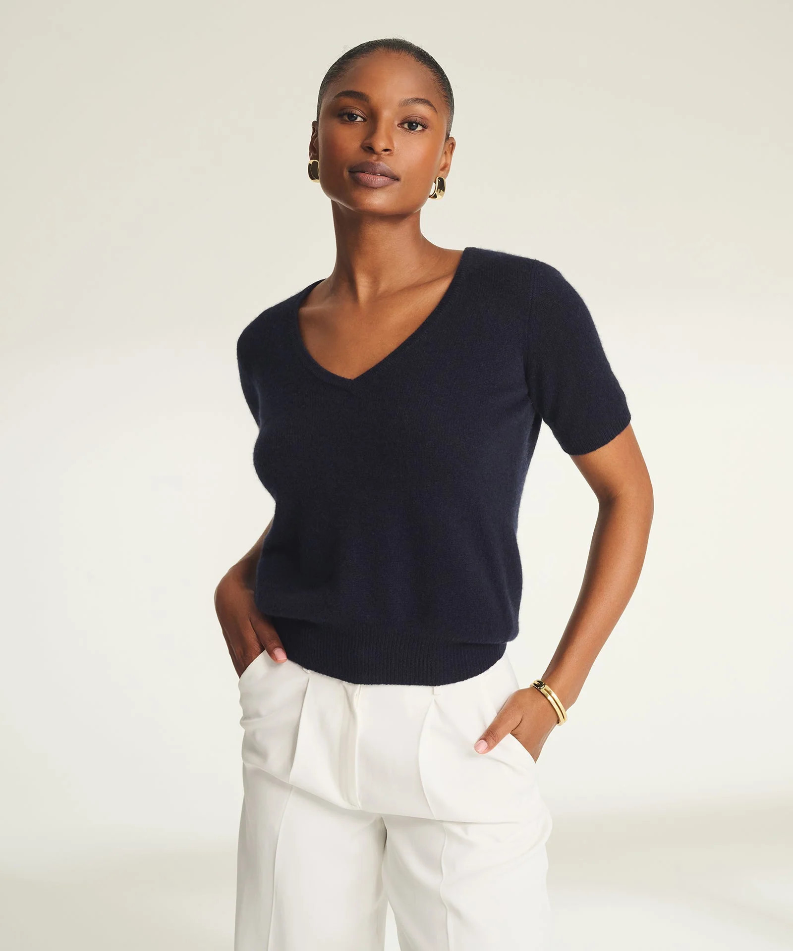 Lightweight Cashmere Short Sleeve V-Neck Sweater | NAADAM