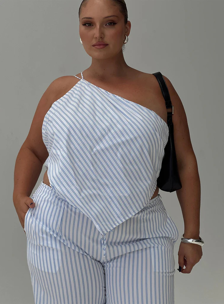 Collied Asymmetric Top Blue / White Stripe Curve | Princess Polly US