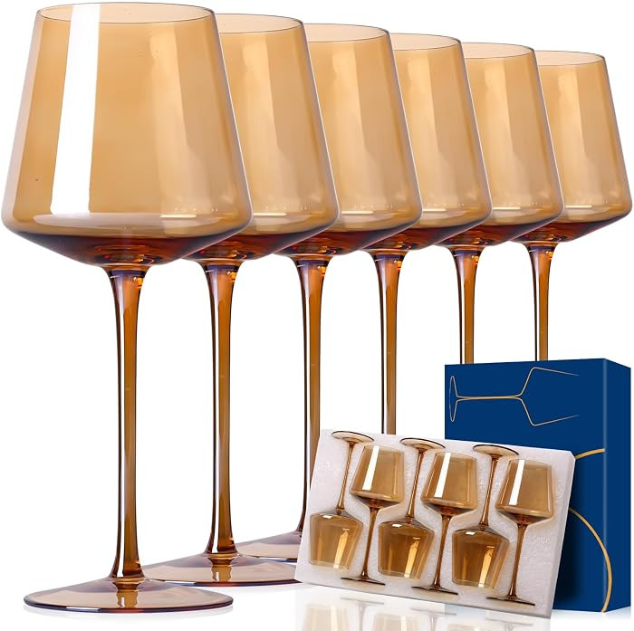 Physkoa Amber Wine Glasses Set of 6-16oz Hand-Blown Crystal Stemmed Red & White Wine Glasses, Uni... | Amazon (US)