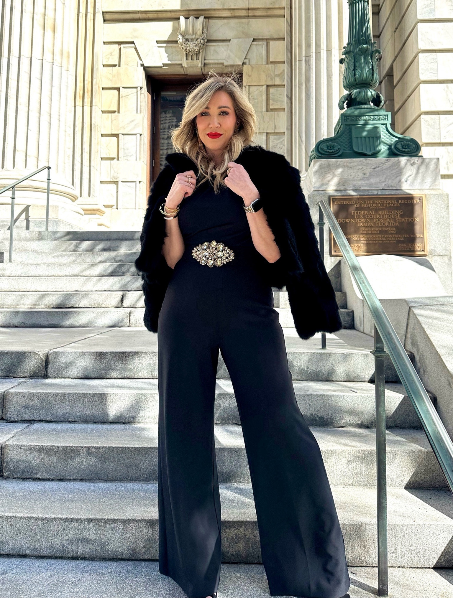 One of my favorite holiday looks I have put on! This jumpsuit is SO flattering!! Elevate it with an embellished belt and a faux fur jacket. 

I got my belt from Zara a year ago. Found the exact one on Amazon!

Wearing mediums 
💋 lip is shade ‘comin in hot'

#LTKHoliday #LTKSeasonal