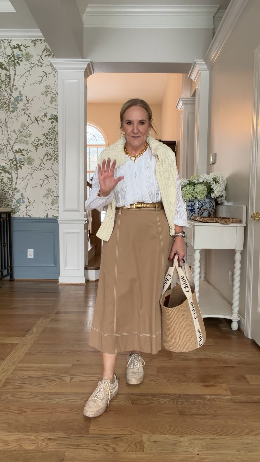 Skirt size medium petite 
Sweaters size medium 
Blouses size medium 

Spring transition outfits vacation outfits khaki skirt loft 

#LTKPetite #LTKOver40