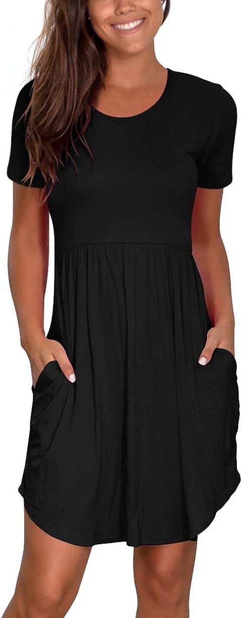 Atizon Women's Casual Dresses Short Sleeve Round Neck Flared Swing Midi Dress with Pockets | Amazon (US)