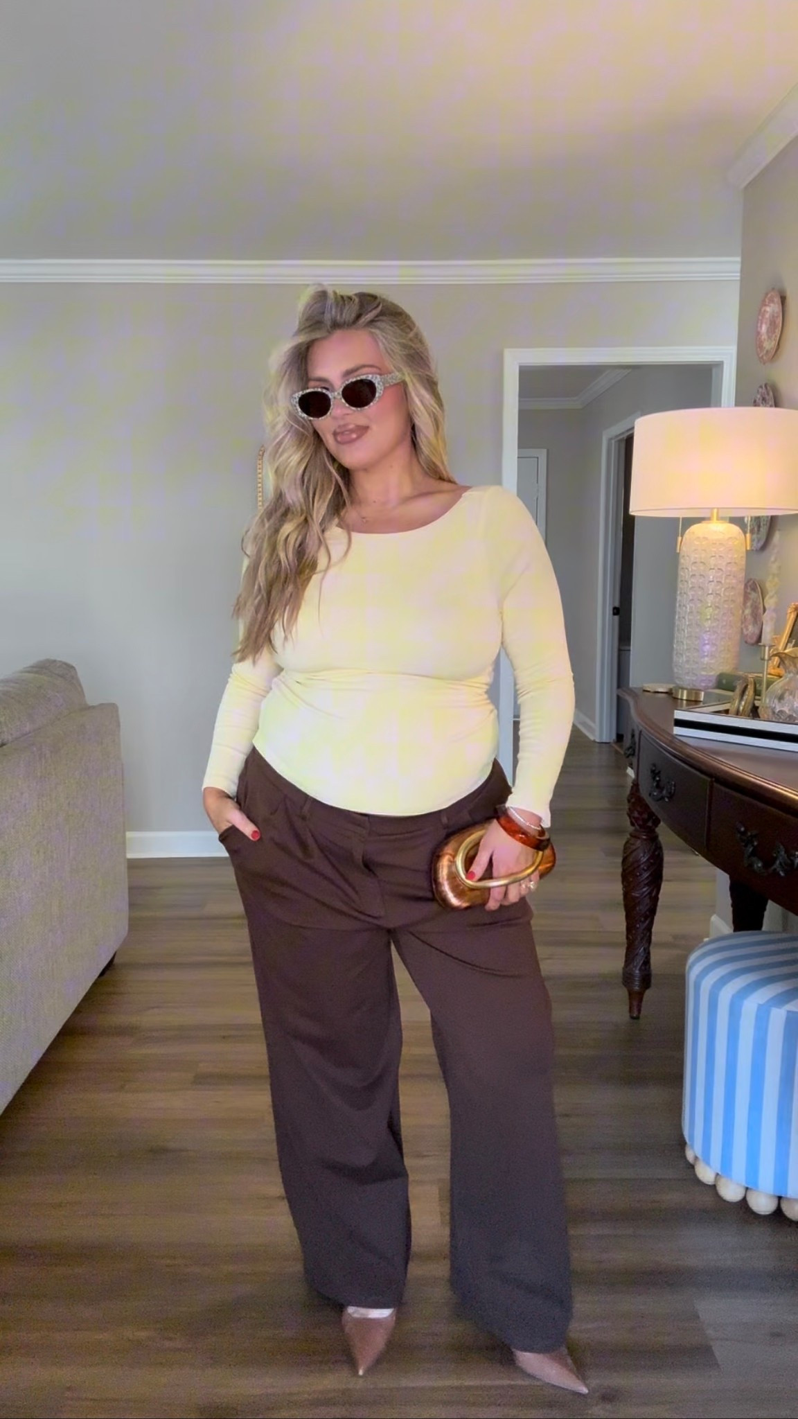 Top: large
Pants: XL

#LTKMidsize #LTKBump #LTKWorkwear