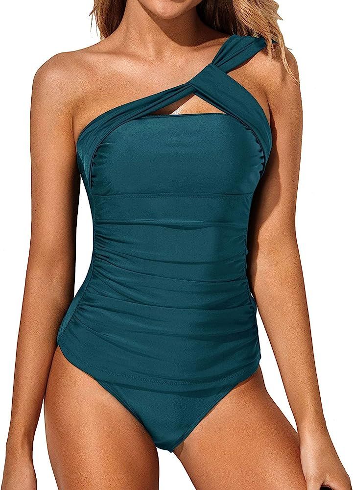 Tempt Me Women Tankini Ruched One Shoulder Tummy Control Top with Shorts Two Piece Swimsuits | Amazon (US)