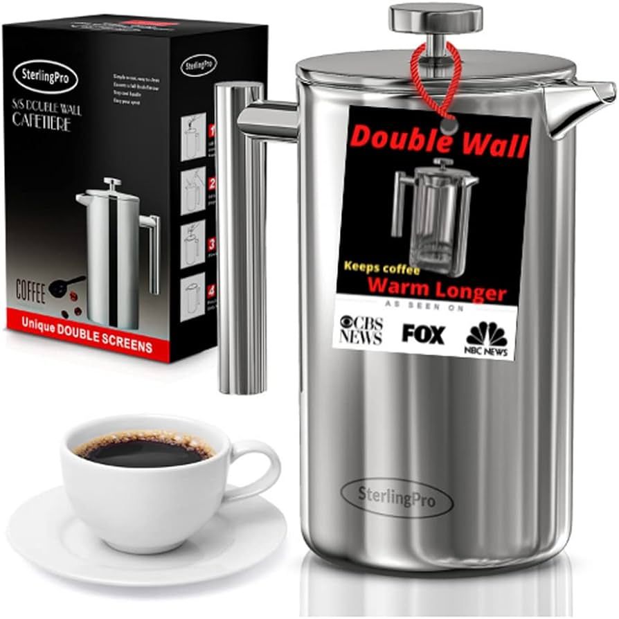 French Press Coffee Maker (1L)-Double Walled Large Coffee Press with 2 Free Filters-Enjoy Granule... | Amazon (US)