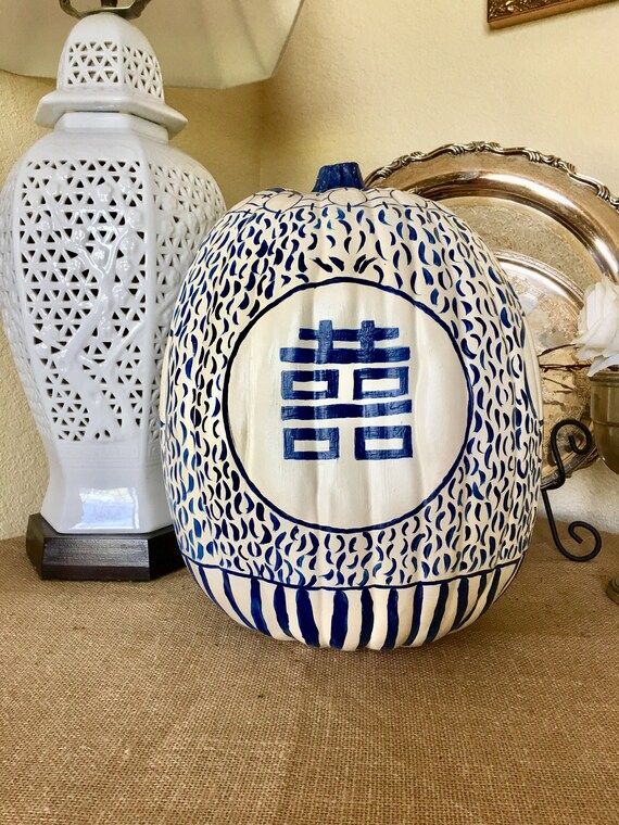 Chinoiserie Hand XL 13" Painted Blue & White Custom Fall Pumpkin Ready to Ship | Etsy (US)