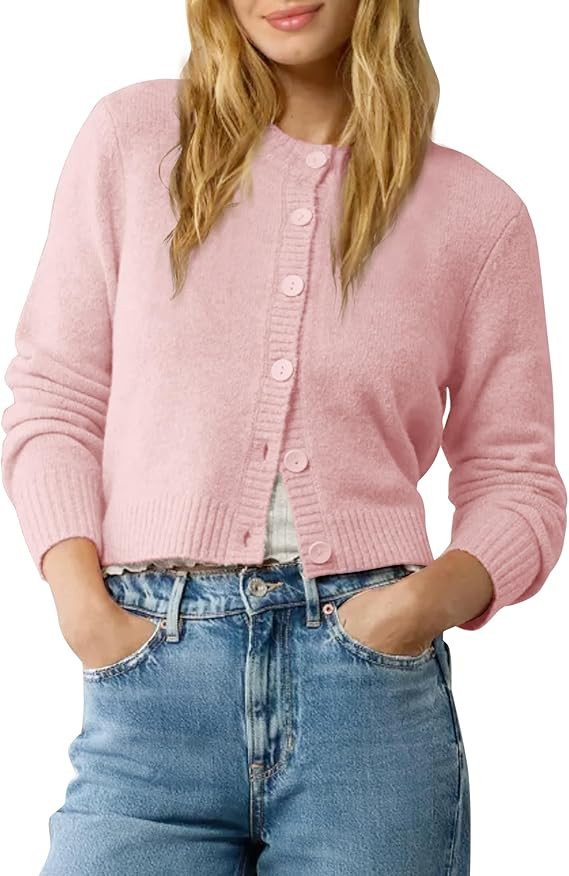 Urban CoCo Women's Crew Neck Cropped Cardigan Sweaters Long Sleeve Open Front Button Down Shrug S... | Amazon (US)
