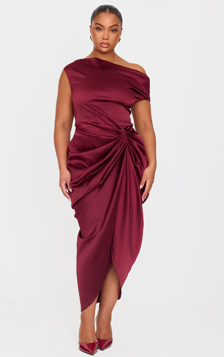 Plus Burgundy Off The Shoulder Draped Skirt Dress | Plus Size | PrettyLittleThing US