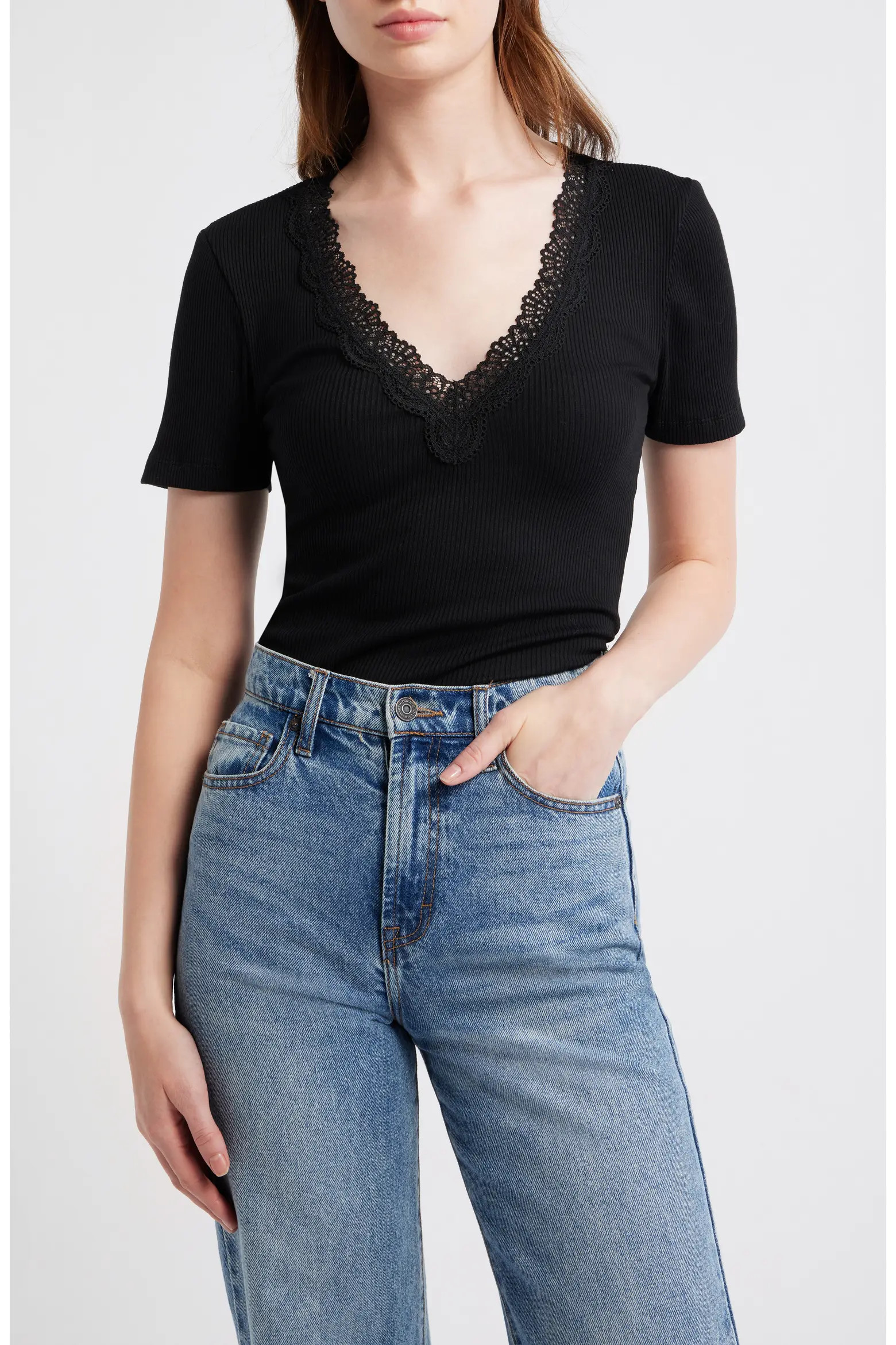 Lace Trim V-Neck Rib Top (Women) | Nordstrom | Nordstrom