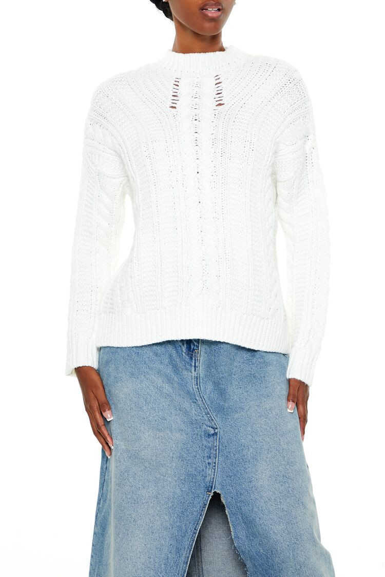 Women's Lace-Back Cable Knit Sweater in White, XS | Forever 21
