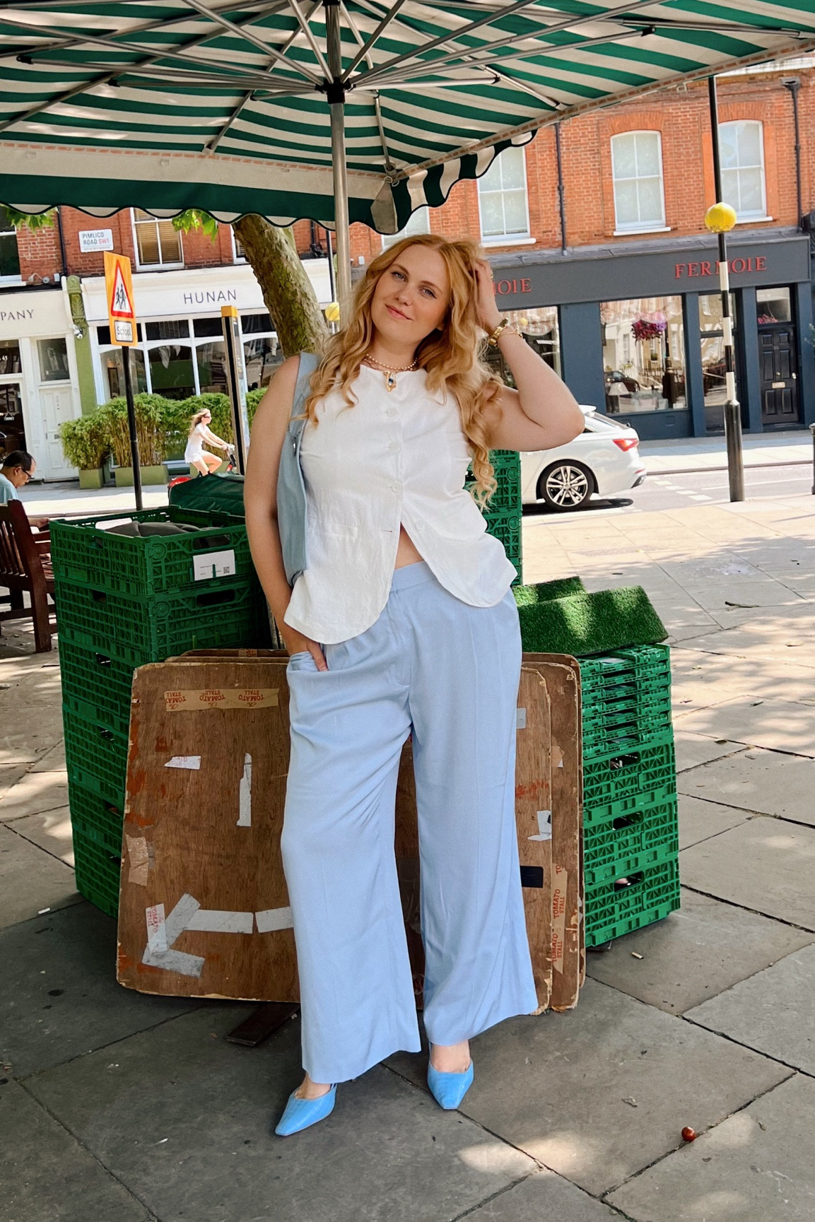 Linen Vest, Linen Waistcoat, Blue Tailored Pants, Blue Pants, Blue Heels, Blue Tote bag, Summer Outfit, Blue and White Outfit, Midsize Summer Style

#LTKcurves #LTKsummer #LTKeurope