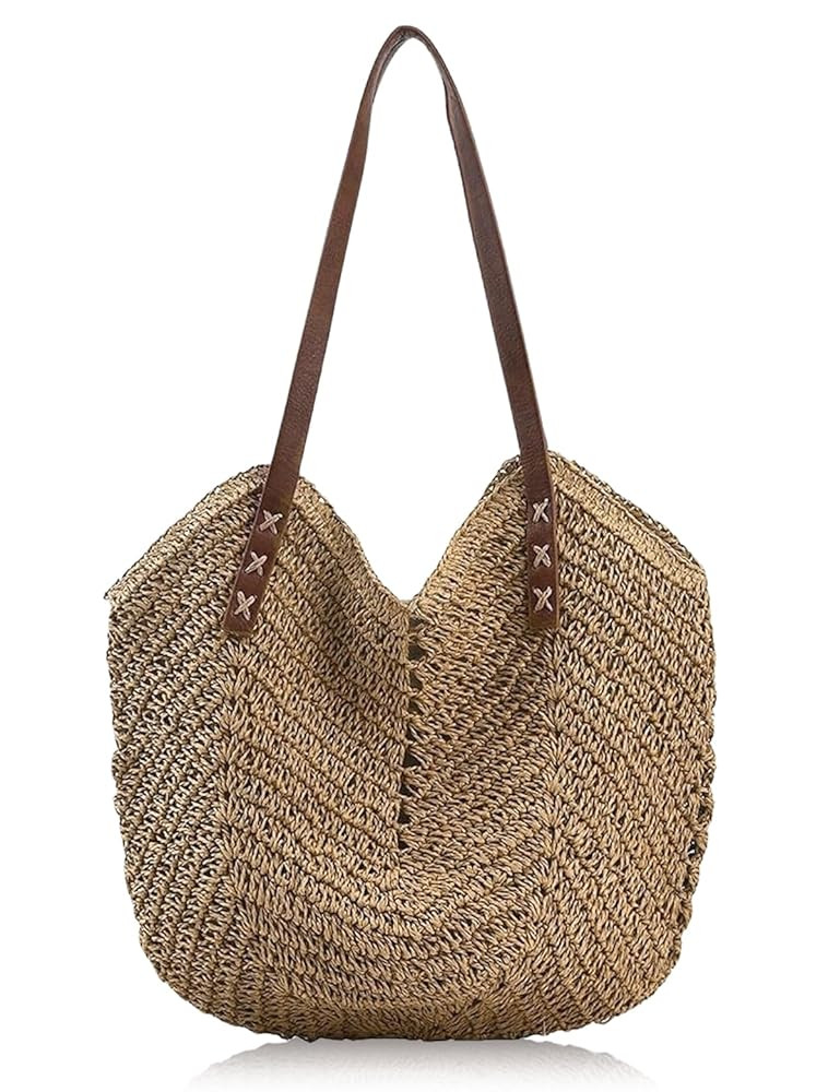 Beach Bags for Women with Zipper, Large Straw Bag Woven Tote Bag Straw Shoulder Bag for Summer Vocation | Amazon (US)