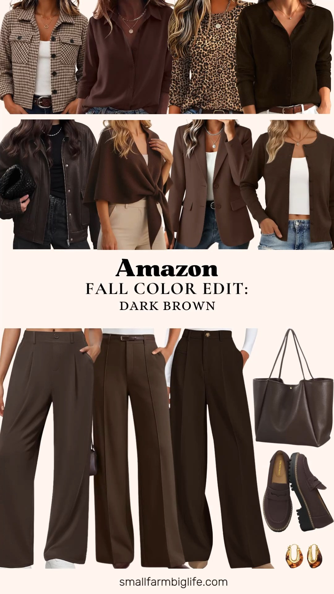 Dark brown is such a rich, versatile color for fall and this Amazon edit is full of business casual workwear essentials to build around it.

Starting with tops, the coffee brown Zeagoo Collared Button Down and the leopard Zeagoo Crewneck Tee are both easy basics, and the coffee brown ANRABESS Button Down Sweater and the chocolate brown Trendy Queen Lightweight Cardigan are great layering pieces for the office. The brown Shawl Wrap Poncho Cardigan adds a cozy, elegant finish, perfect over a blouse for date night outfits.

For outerwear, the dark brown and beige houndstooth Zeagoo Cropped Flannel Shacket and the dark brown BTFBM Faux Leather Bomber Jacket both bring a fun, textured layer to any fall outfit, and the coffee brown Lightweight Suit Blazer is such a polished option for the office.

On the bottoms side, the dark brown PRETTYGARDEN Tailored Wide Leg Pants and the brown DLOODA Pull On Wide Leg Pants are both comfortable, professional staples for business casual workwear.

Rounding things out, the coffee brown Oversized PU Leather Tote is such an easy everyday bag, the tortoiseshell brown and gold KELORIS Hoop Earrings add a fun statement detail, and the dark brown DREAM PAIRS Chunky Penny Loafers finish the look with a comfortable, office ready shoe.

So many rich brown pieces to build easy autumn outfits around this season, all linked for you.

#amazonfashion #fallfashion #falloutfits #businesscasual #autumnoutfits 

 #LTKootd #LTKOver40 #LTKWorkwear