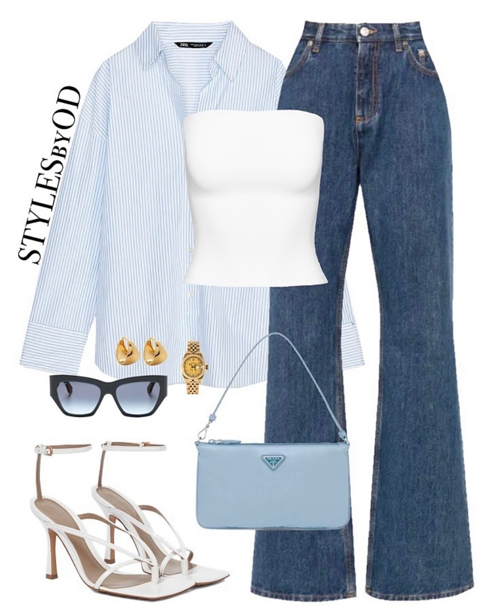 simple and minimal daily city outfit in blue tones🏙️🫐💙 


#LTKfashion #LTKstyletip #minimal #casualstyle #dailyoutfit #springfashion
Blue striped oversized shirt, straight leg denim jeans, basic white bandeau top, white heeled sandals for spring and summer, everyday casual outfit for SS 2026

#LTKootd #LTKSeasonal