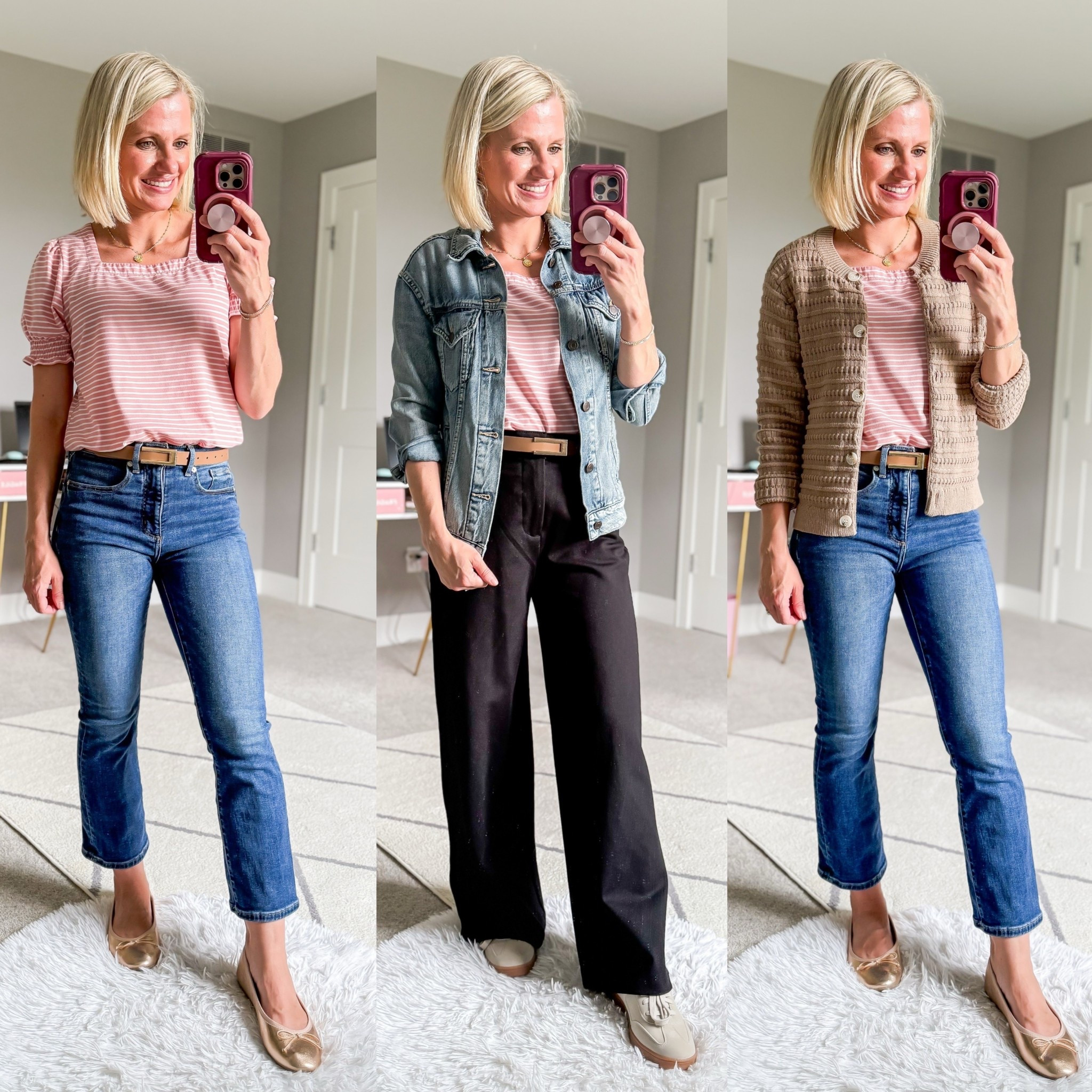Teacher outfit ideas with a pink striped shirt. Top- small || cardigan- small || jacket- xsmall || black pants- 0/petite || jeans- 24/petite

#LTKPetite #LTKWorkwear #LTKStyleTip