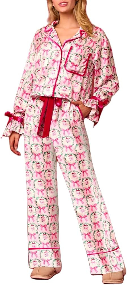 Aopwsrlyi Women 2 Piece Christmas Pajamas Set Bow Tie Long Sleeve Button Down Shirt Pants Set Sat... | Amazon (US)