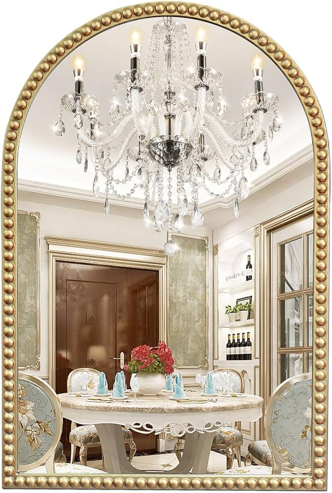 Beaded Frame Arch Wall Mirror, 20" X 30" Gold Bathroom Vantity Mirror, Ornate Decorative Mirror f... | Amazon (US)