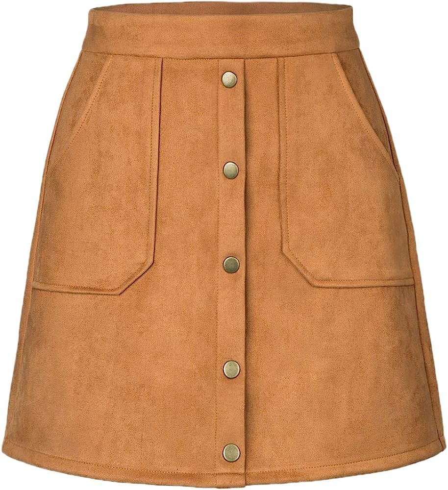 PERSUN Women's Button Front High Waist Faux Suede A-Line Mini Short Skirt 2021 | Amazon (US)