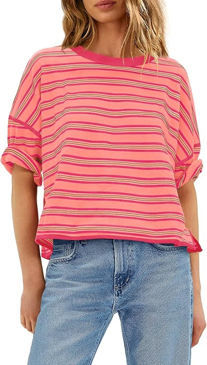 Yanekop Womens Oversized Shirts Striped Half Sleeve Tops Casual Summer Crew Neck T Shirts Basic T... | Amazon (US)