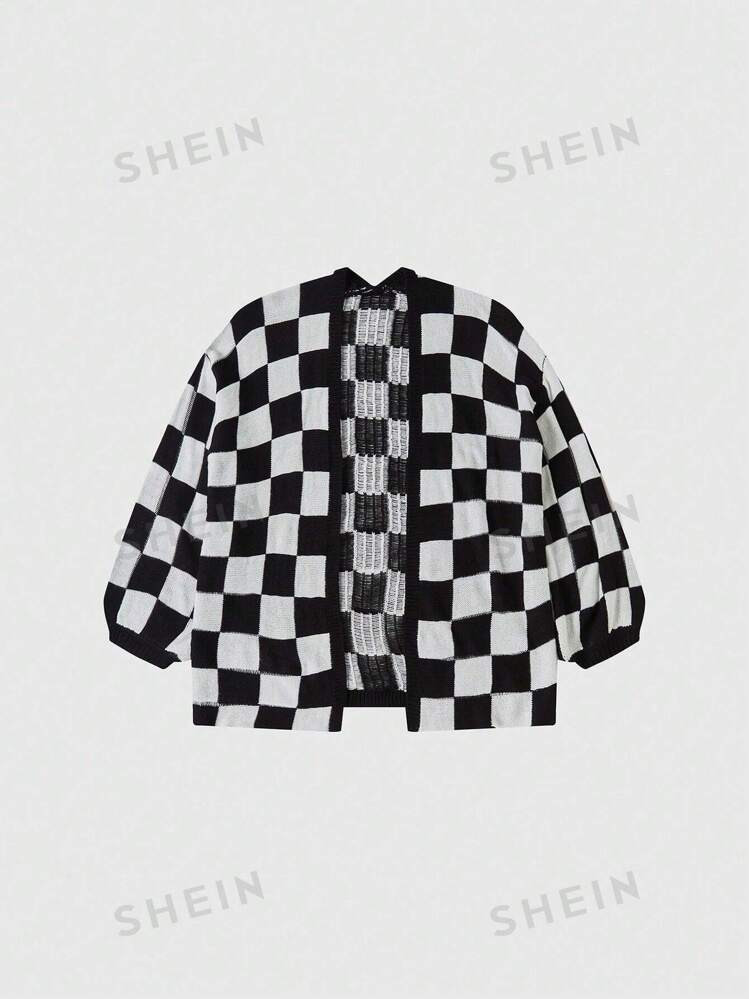 SHEIN Relaxiva Checked Drop Shoulder Cardigan | SHEIN