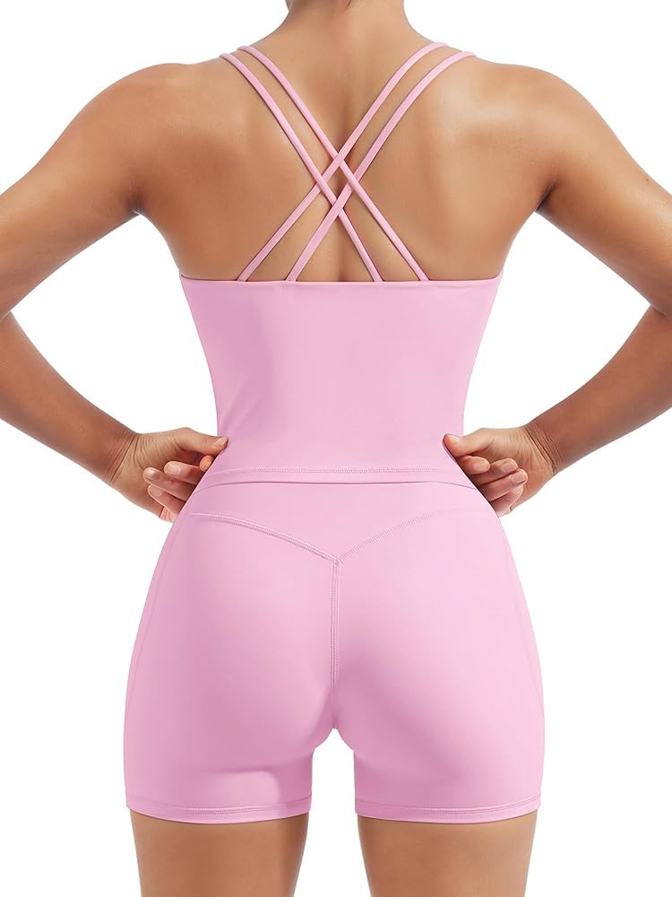 SUUKSESS Women 2 Piece Workout Sets Padded Low Impact Yoga Tops High Waisted Biker Shorts with Po... | Amazon (US)