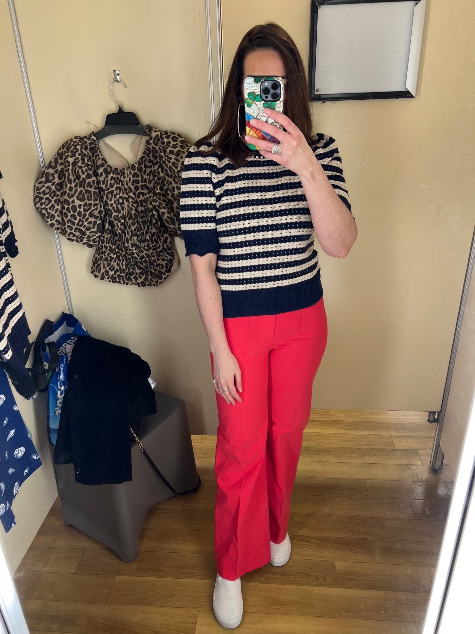 Knit striped sweater (xs). Red wide leg pants (4). White slip on sneakers (8.5). #sweater #knitsweater #stripedsweater #pants #widelegpants #springoutfit #sneakers #whitesneakers #sliponsneakers 
spring outfits 2026 
work outfits @tjmaxx @jcrew @DSW 

#LTKootd #LTKSeasonal