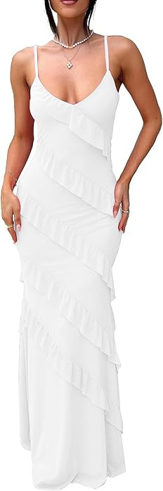 HOCILLE Women's Sexy V Neck Backless Bodycon Spaghetti Strap Elegant Ruffle Maxi Cocktail Party D... | Amazon (US)