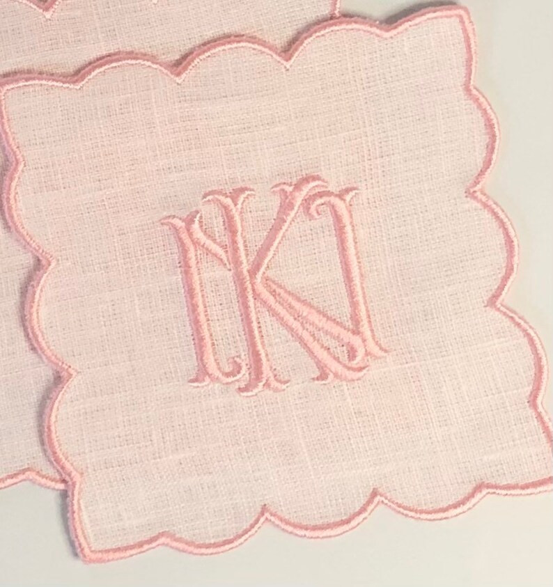 Scalloped linen cocktail napkin/monogramed linen cocktail coaster/barware/bar napkins | Etsy (US)