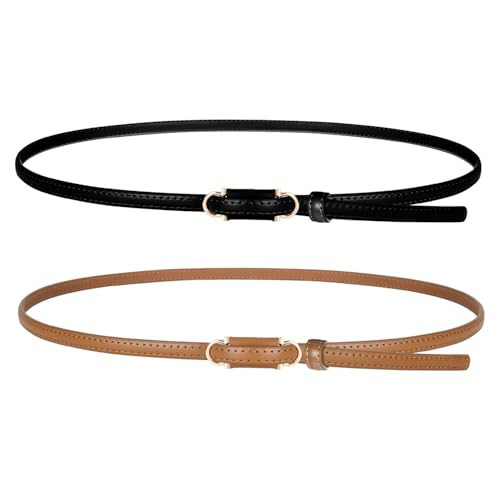 TOURZOO Skinny Genuine Leather Belts for Women Thin Waist Belt for Dresses Jeans Adjustable with Gold Buckle 0.4" Width | Amazon (US)