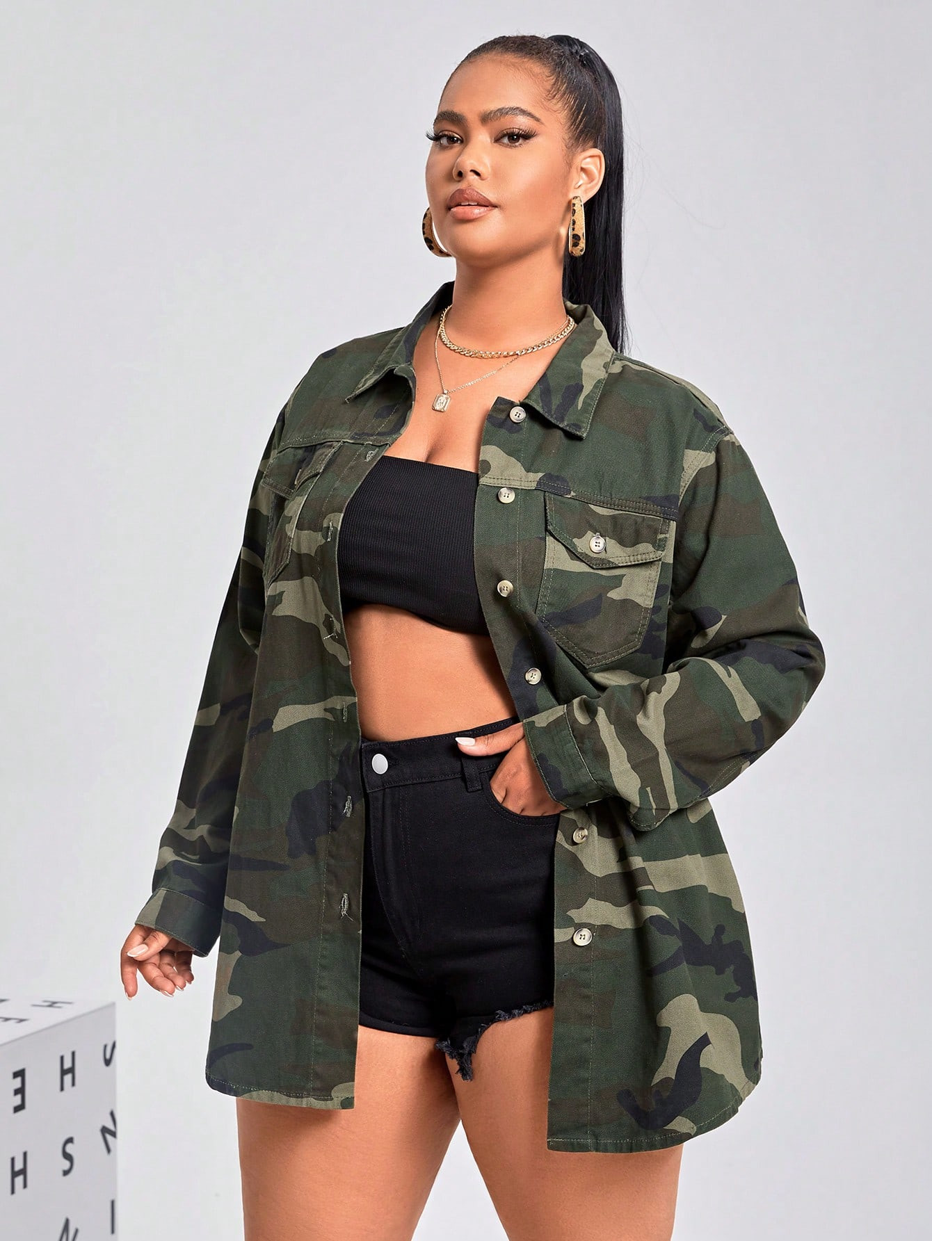 SHEIN SXY Plus Camo Print Flap Pocket Drop Shoulder Denim Coat | SHEIN