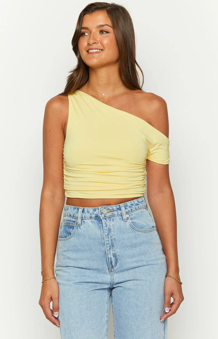 Limelight Drift Yellow Draped Off Shoulder Crop Top | Beginning Boutique (US)